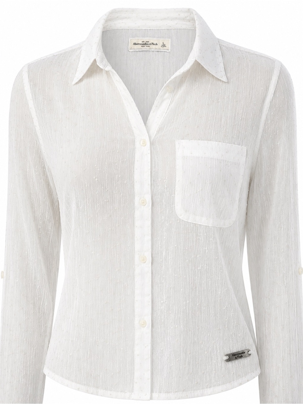 Abercrombie & Fitch Women’s L White Sheer Dobby Dot Button Up Blouse Roll Tab